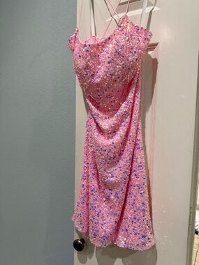 Sparkling Primavera Pink Sequin Mini Dress with Spaghetti Straps Corsett back